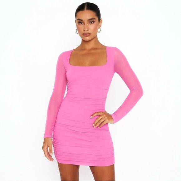 Hello Molly Fresh Vibes Ruched Long Sleeve Bodycon Mini Dress Pastel Pink Size 8 - Picture 1 of 8